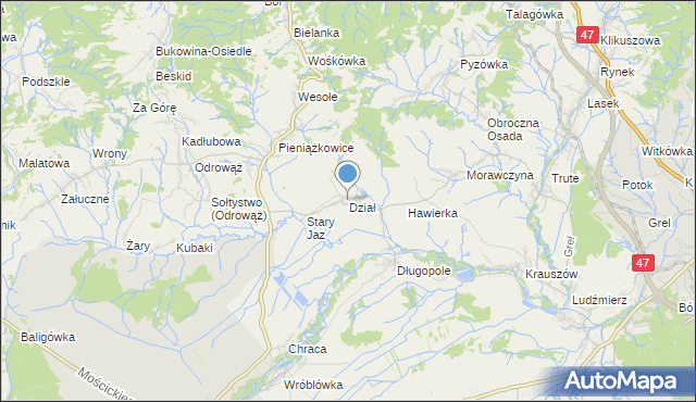 mapa Dział, Dział gmina Czarny Dunajec na mapie Targeo